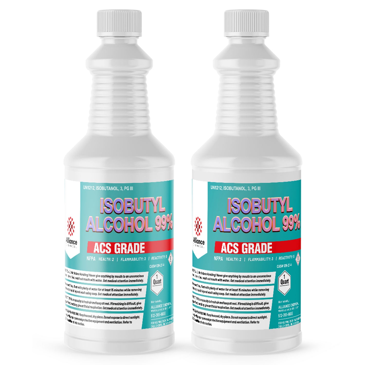 1-quart bottles of 99% Isobutyl Alcohol ACS Grade in white HDPE containers, featuring NFPA diamond, flammability warnings, and teal-colored labels.